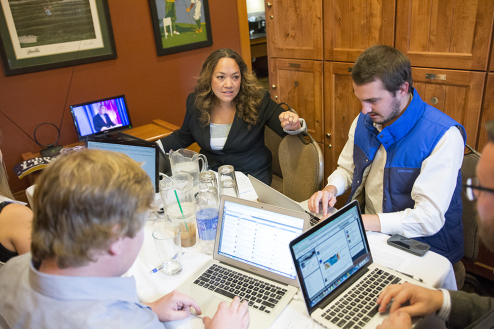 Weber and her staff in the "war room," where they watch the debate. Fact checkers, tweeters, and researchers are hard at work.